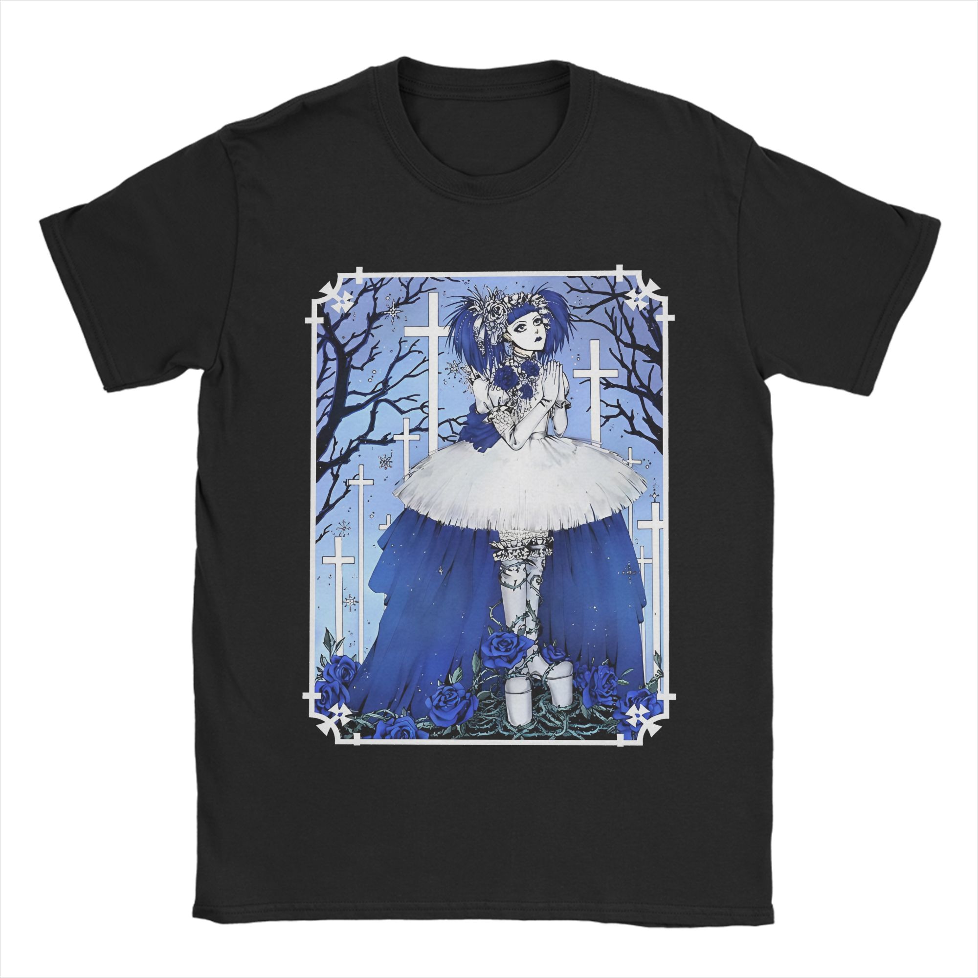 Gothic Blue Rose Girl Praying T-shirt XXL
