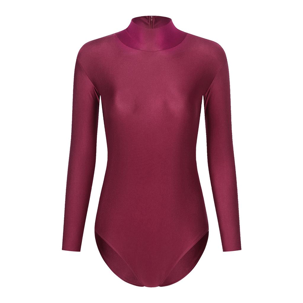 Womens Mock Neck Bodysuit Long Sleeve Leotard Solid Color Zipper Back Stretchy Gymnastics Dance Practice Wear