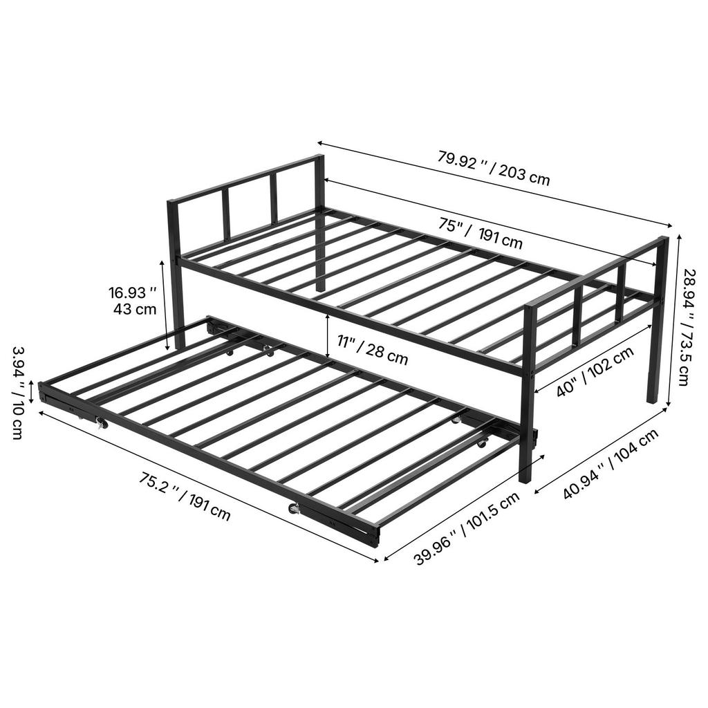 SucceBuy Twin/Full Size Daybed Frame Day Bed w/ Trundle and Charging Station w/Metal Slats Support for Living Room Easy Assembly