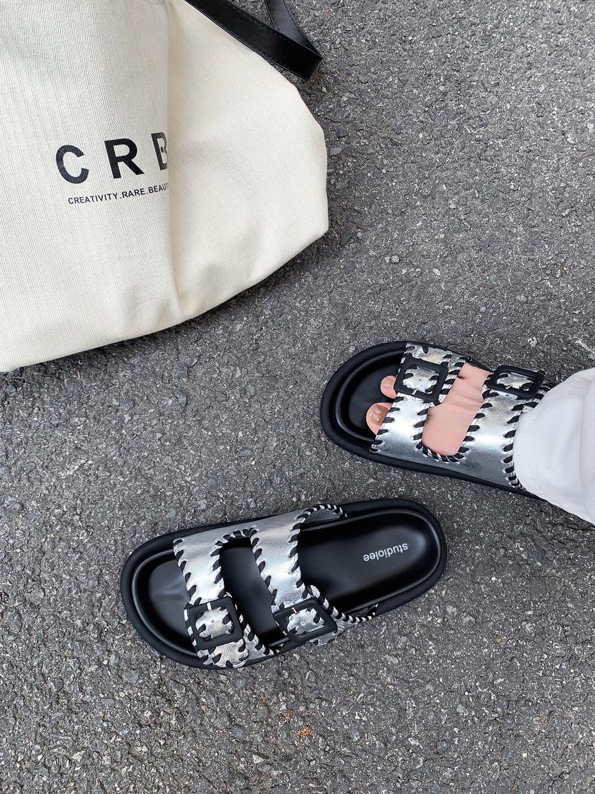 

Spot first layer cowhide~ Grape mother same leather open-toed double-breasted lazy thick-bottomed Boken slippers women s sandals 35