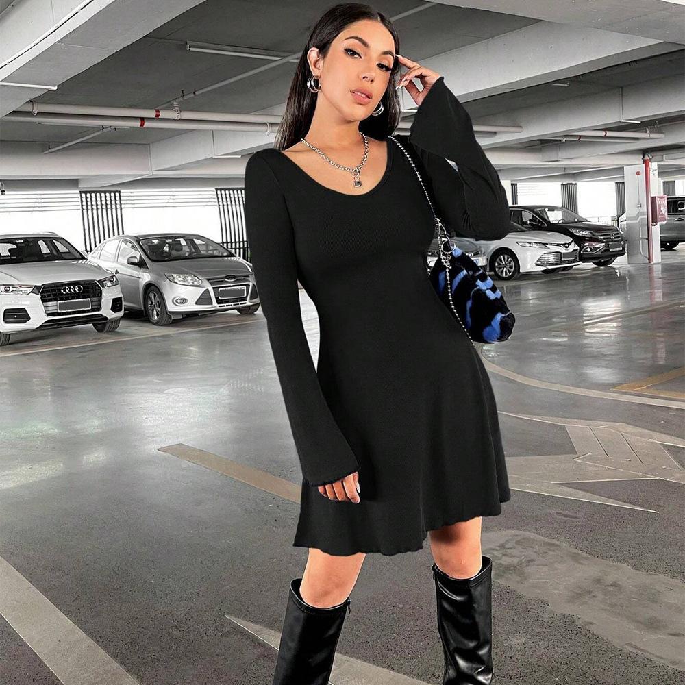 Korean Simple Style Solid Color V-neck Horn Sleeve Slim and Thin Knitted Dress Women's Spring and Summer New Models