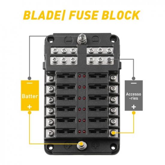 12-Way Blade Fuse Box Block LED Holder Indicator 12V 32V Auto Marine Waterproof