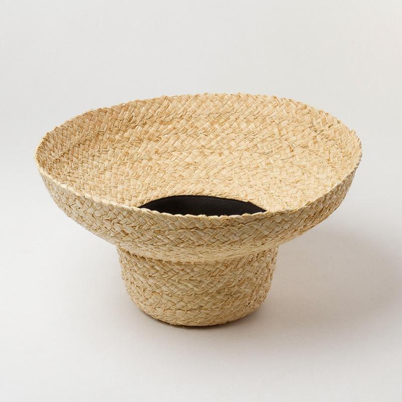 Vintage flat top sagging brim with straps, hand-woven raffia top hat, women's outdoor sunshade, sun protection, beach straw hat