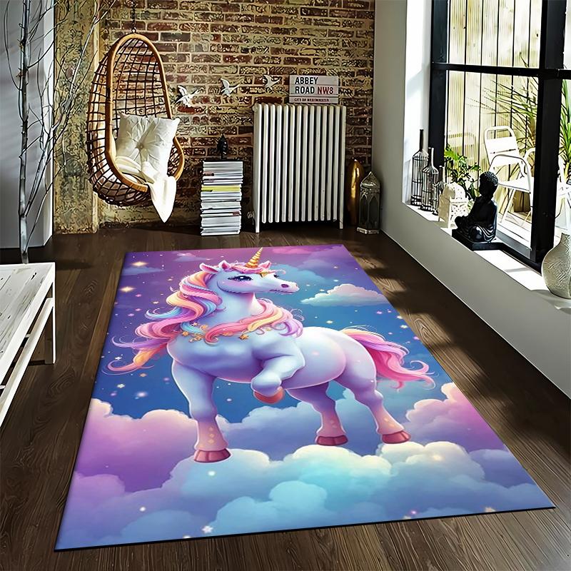 Colorful Unicorn On Clouds Fantasy Carpet for Bedroom Decor Suitable for Use As an Anti-slip for Living Room Bedroom Sofas