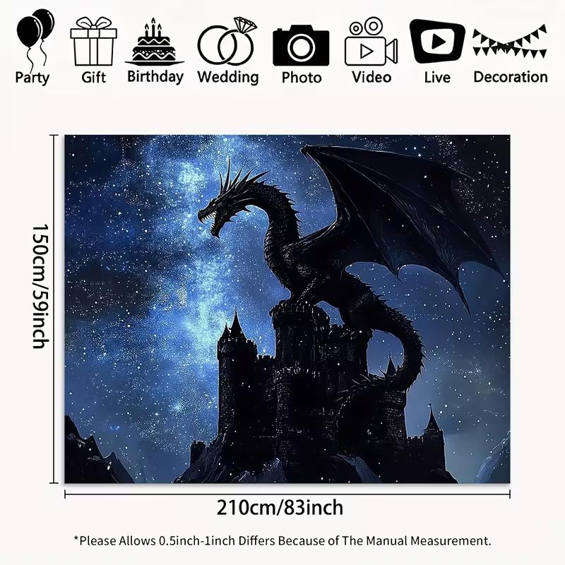 2D Black Dragon Castle Tapestry, Medieval Castle with Dragon and Starry Sky 47.2x31.5inch/120*80cm