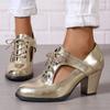 Patent Leather Cutout Chunky Heel Pumps Lace-Up Pointed Toe Dress Shoes Stylish High Heel Shoes for Office Work Fashion Casual