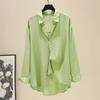Korean Style Loose Casual Long Sleeve Shirt Pure Color Mid Length Flowy Blouse