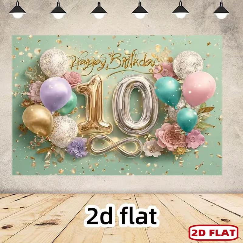 2D Sage Green Gold Themed 10th Birthday Backdrop Banner for Birthday Party Photography Decoration