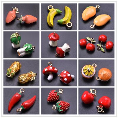 5pcs/Lot Cute Three-Dimensional Fruit Charm Enamel Cherry Mushroom Strawberry Pendants For Jewelry Making Supplies Banana Charms