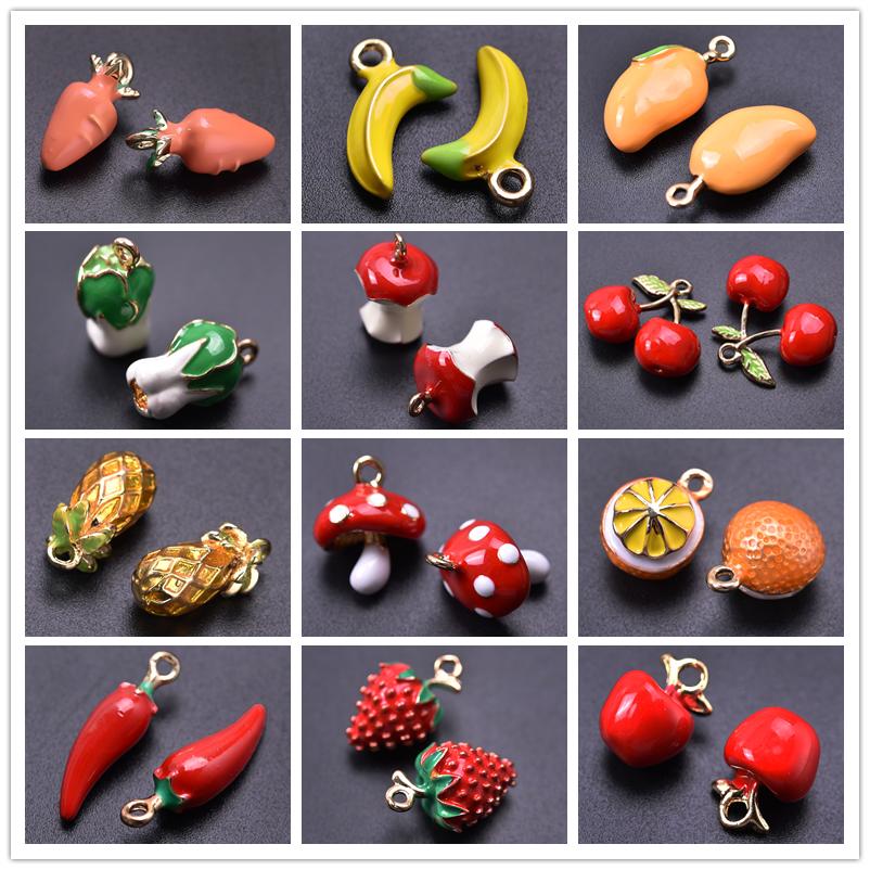 5Pcslot Cute Three-Dimensional Fruit Charm Enamel Cherry Mushroom Strawberry Pendants For Jewelry Making Supplies Banana Charms