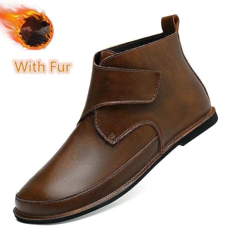 Fashion Handmade Business High Top Leather Shoe British Style Man Ankle Boots Versatile Casual Botas Winter Plush Warm Men Chelsea Boots