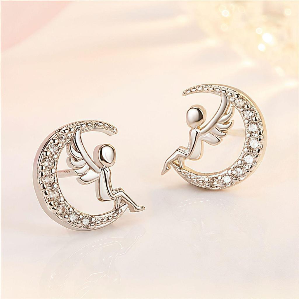 S925 Silver Angel Wing Moon & Heart Stud Earrings - Korean Winter Style