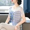 Chic Casual Printed Knitwear Short Sleeve Summer Top for Moms - Versatile, Stylish T-shirt for Middle-Aged and Older Women.