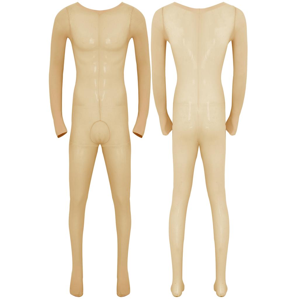 Mens Solid Color Bodystocking Long Sleeve Stretchy Bodysuit with Bulge Pouch Nightwear Underwear