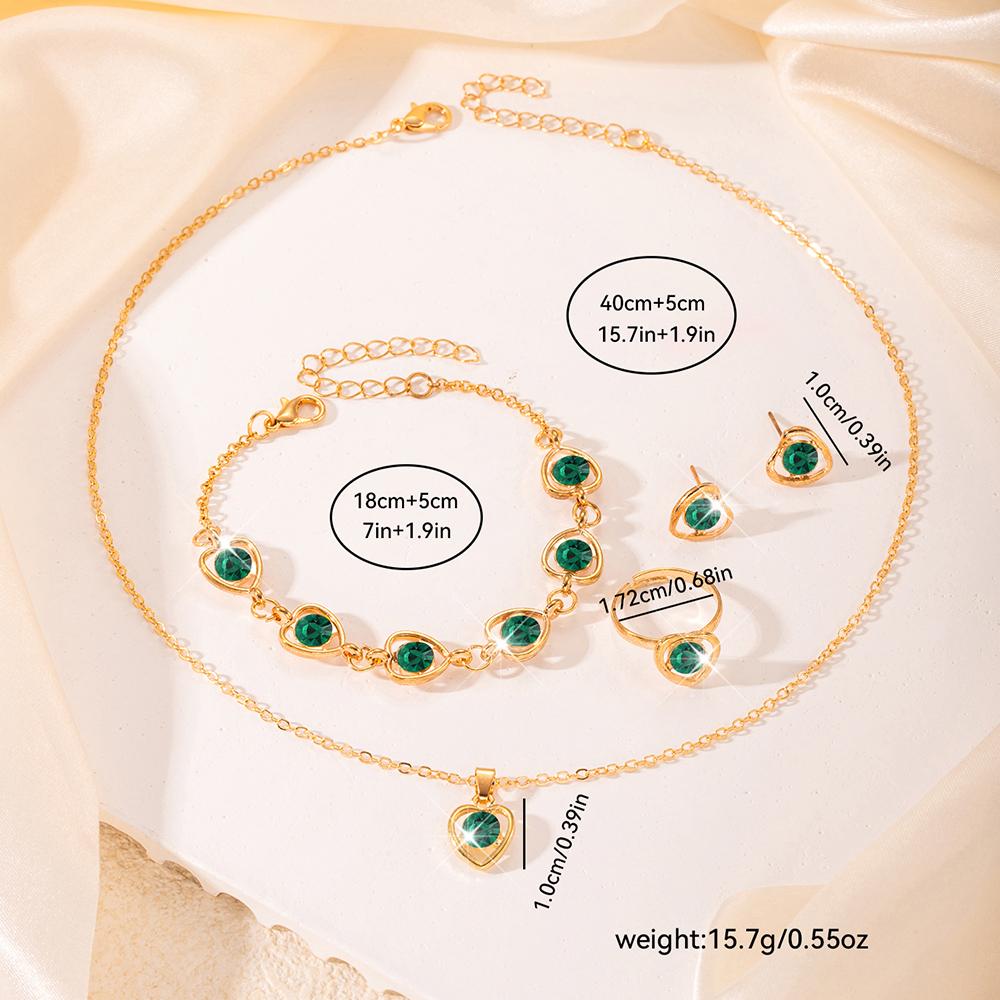 5 Piece Women Zircon Green Crystal Fashionable Temperament Necklace Bracelet Ring Earring Set Suitable For Parties Gatherings