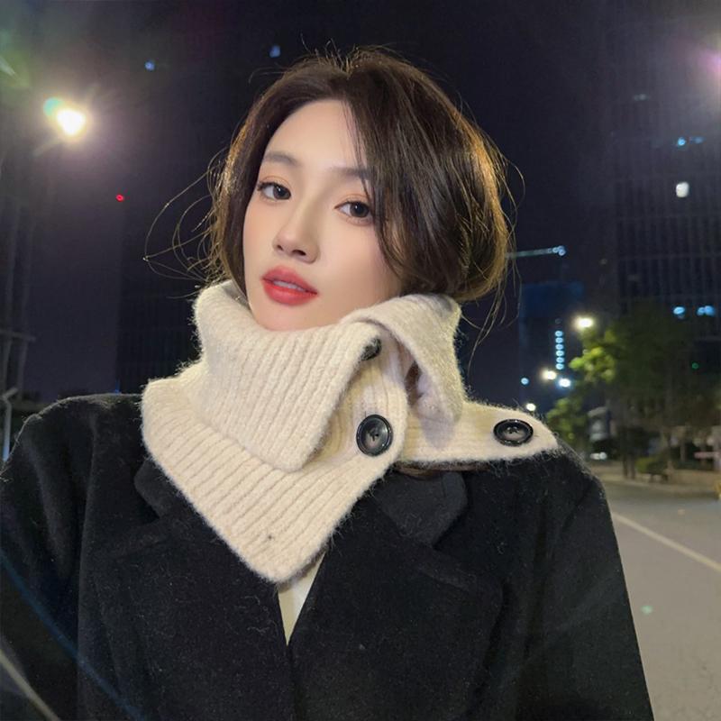 Korean Style Button Scarf Women Autumn And Winter Retro Warm Neck Collar Knitted Shawl Dual-Purpose Cold-Proof Scarf