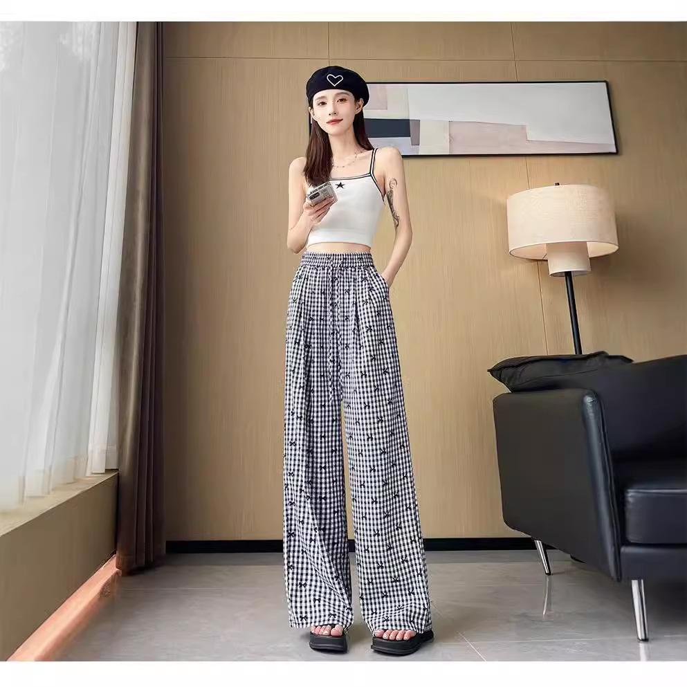 Retro Plaid Bow Printed Casual Pants for Women In Summer New High-waisted Slimming Wide-leg Women's Pants