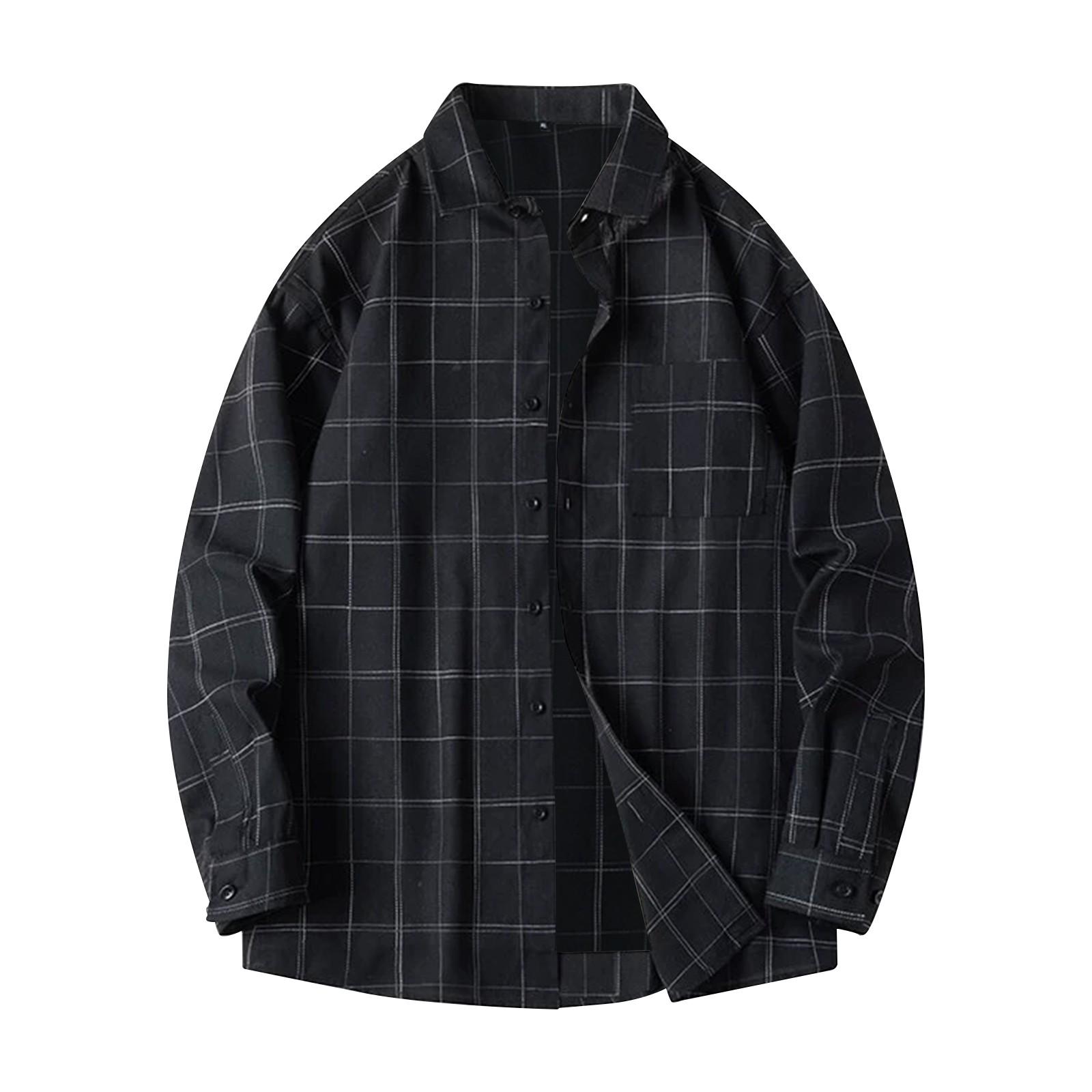 

Мужская весенняя клетчатая консервативная мода свободная рубашка с воротником-стойкой и длинным рукавом L чёрный