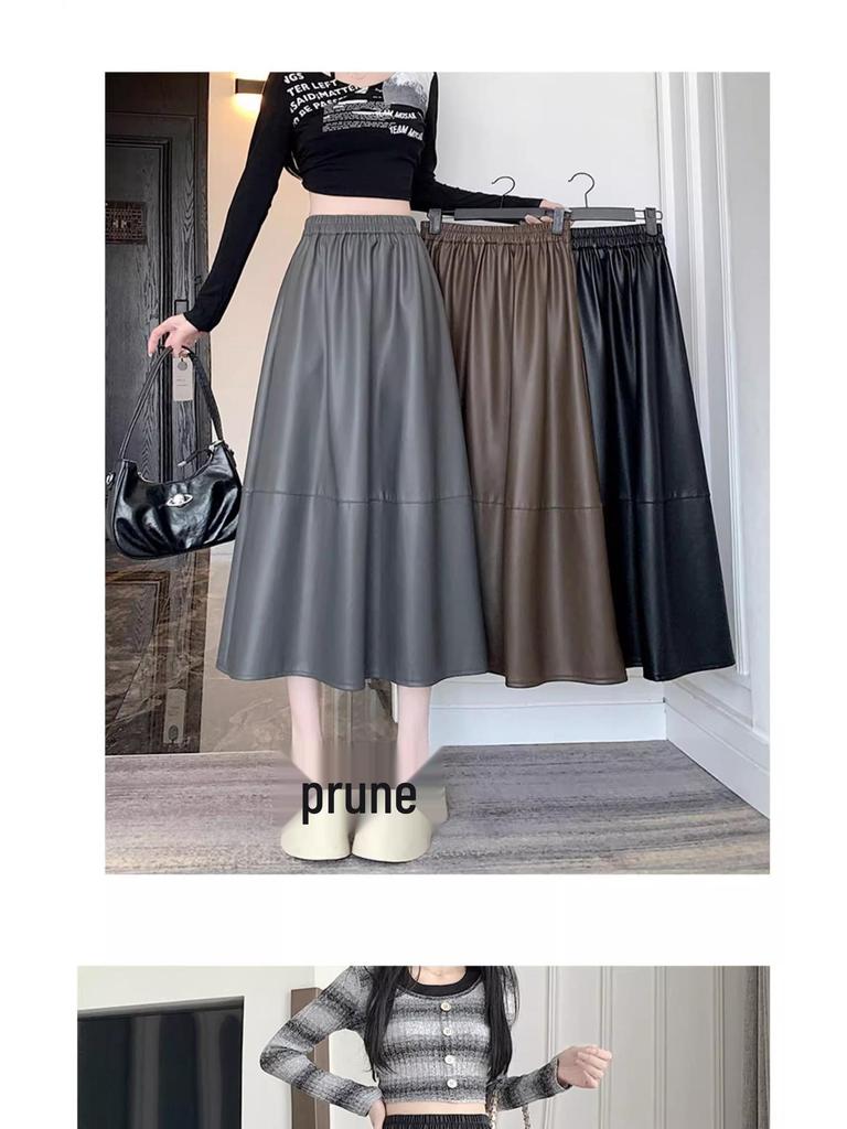 2024 Autumn/Winter PU Leather Mid-Length Skirt: Versatile Fashion Umbrella Design with Elastic Waist.
