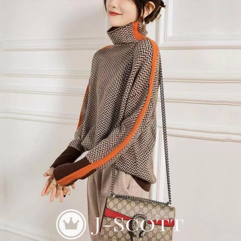 J-Scott Herringbone Knit Top, Turtleneck Pullover, Loose Fit, 1/4 Sleeves, Orange, JS105-OR-M