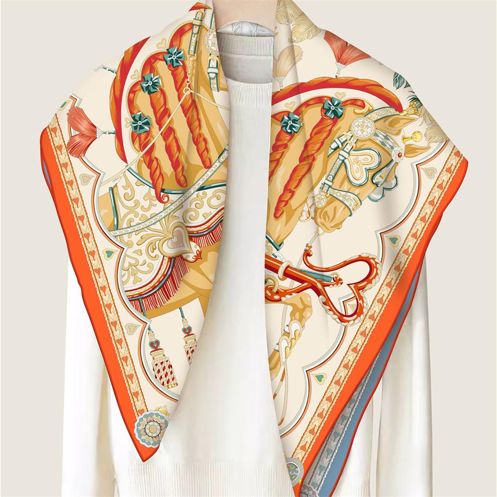 Silk Scarves Two Horse Printed Twill Silk Scarf Women Shawls Luxury Design Hijab Fashion Square Curled Scarf Neckerchief