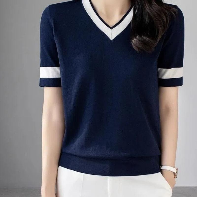 Temperament Sping Autumn T-Shirts Women V-Neck Striped Panelled Ice Silk Fashion Office Lady Short Sleeve Pullovers Knitted Tops
