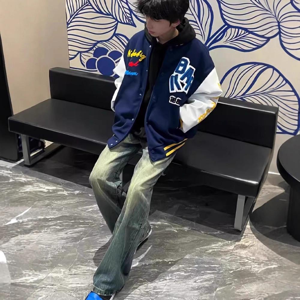 Color matching letter embroidery design sense baseball jacket men's spring and autumn loose American retro couple coat top