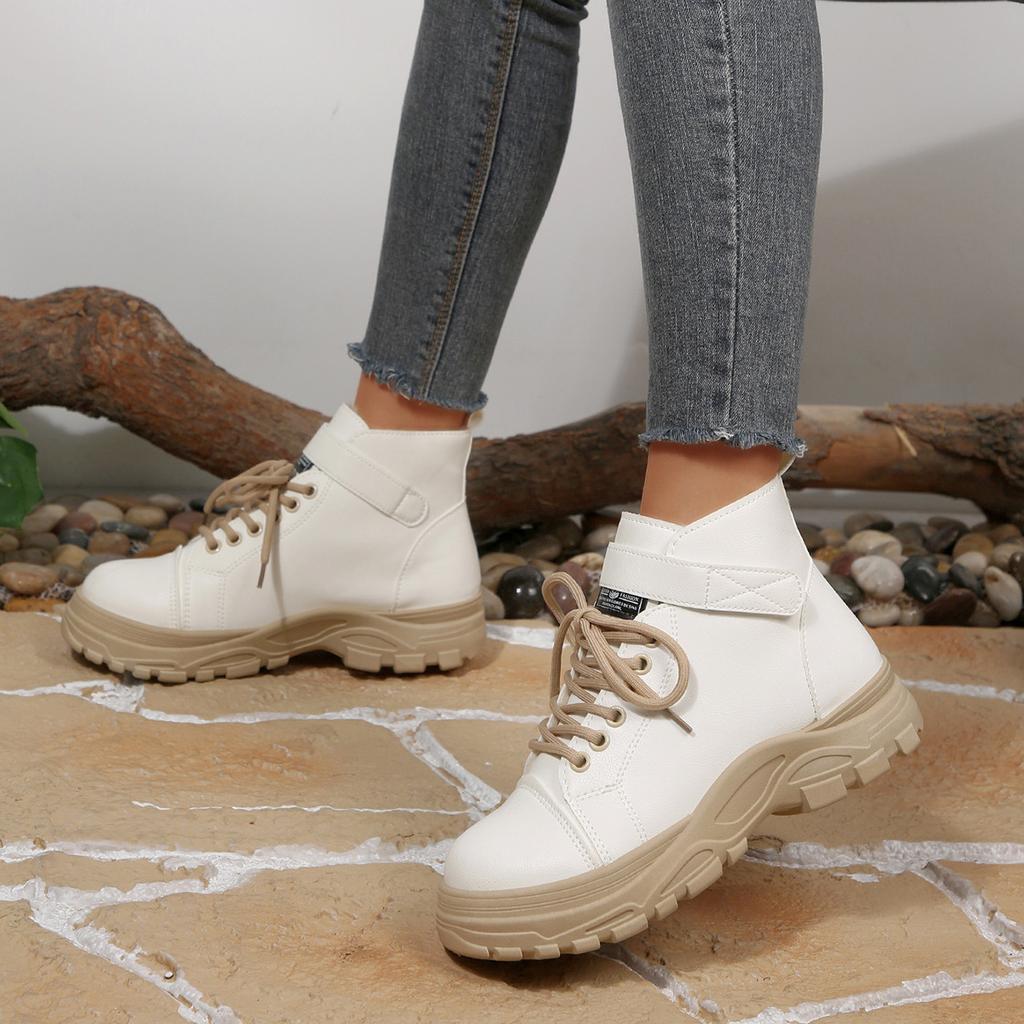 New Winter Outdoor Velcro Waterproof Plush Martin Boots Women's Short Front Lace-up Platform Snow Boots
