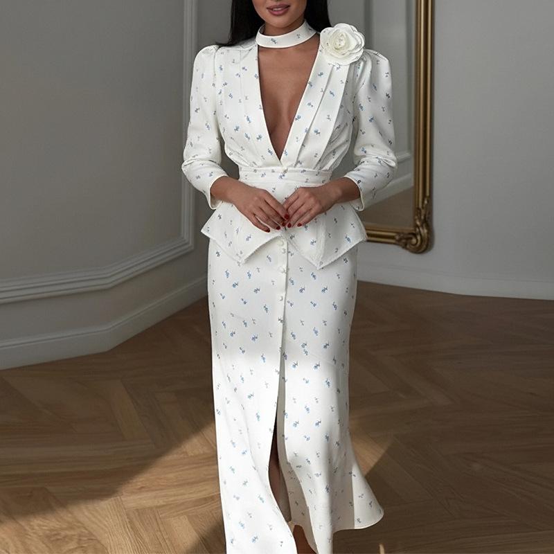 2026 spring new women's clothing, cross-border Amazon Europe and the United States, fashionable and elegant commuter printed V-neck dress set