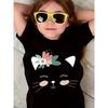 European Sizes Summer Children's Kitten Flower Print Round Neck Short Sleeve T-shirt, Simple and Fashionable Black, White, and Pink Kitten T-shirt