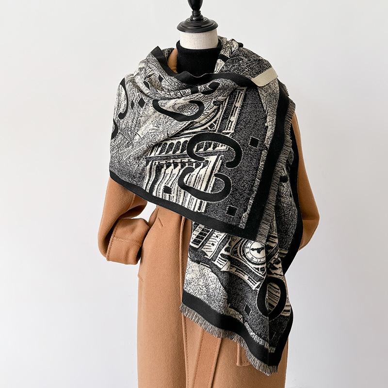women's double-sided imitation cashmere thermal scarf retro ethnic style niche versatile scarf