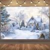 1pc Title: Christmas Snow Scene Backdrop, Cozy Cottage And Pine TreesDJH