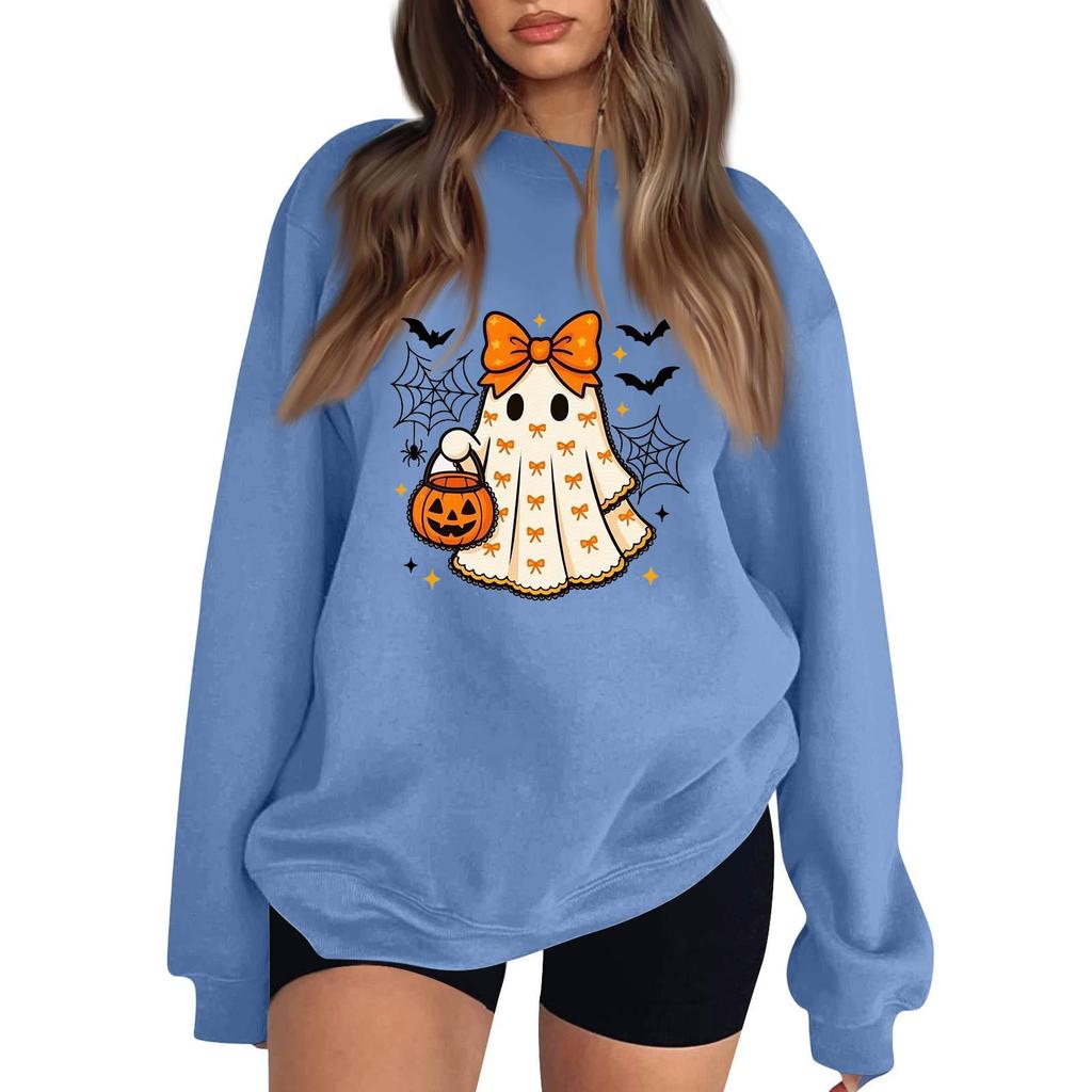 Women's Comfortable Round Neck Long Sleeve Sweatshirt Loose Fit Casual with Color and Halloween Print