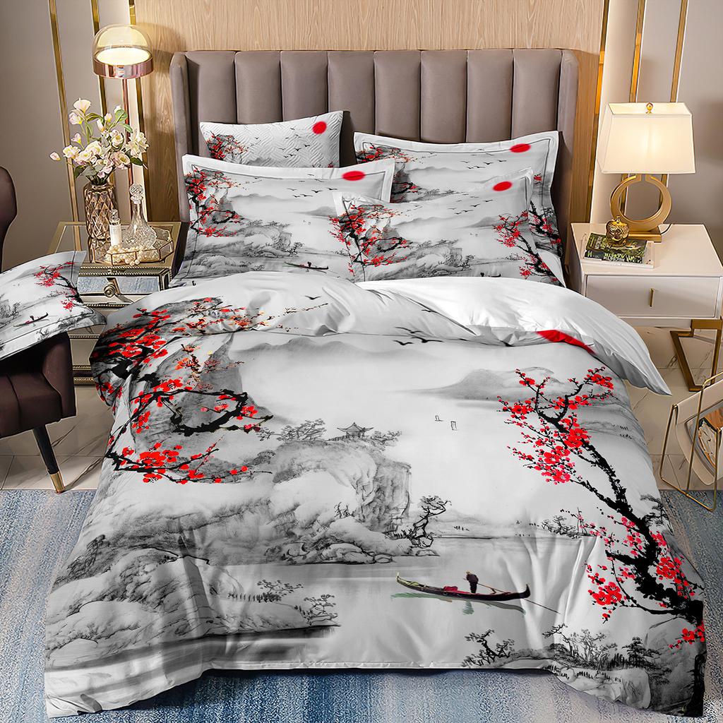 3D Printing Ink Painting Landscape Bedding Quilt Set Three-Piece Custom
