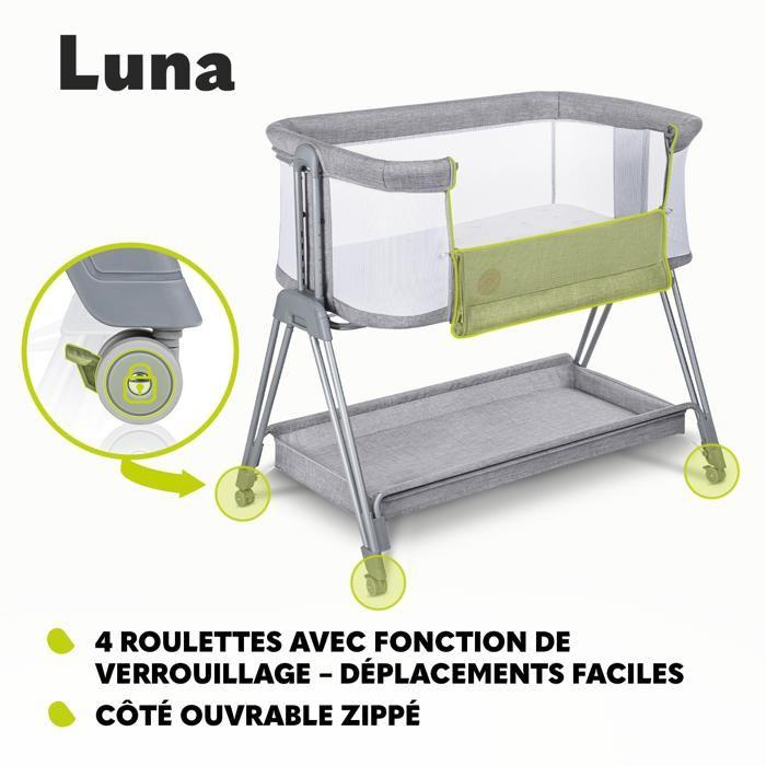 Lit Cododo LIONELO Luna - 4 X Roulettes -Matelas Inclus - Jusqu'à 9 Kg - Hauteur Et Inclinaison Réglables - Beige