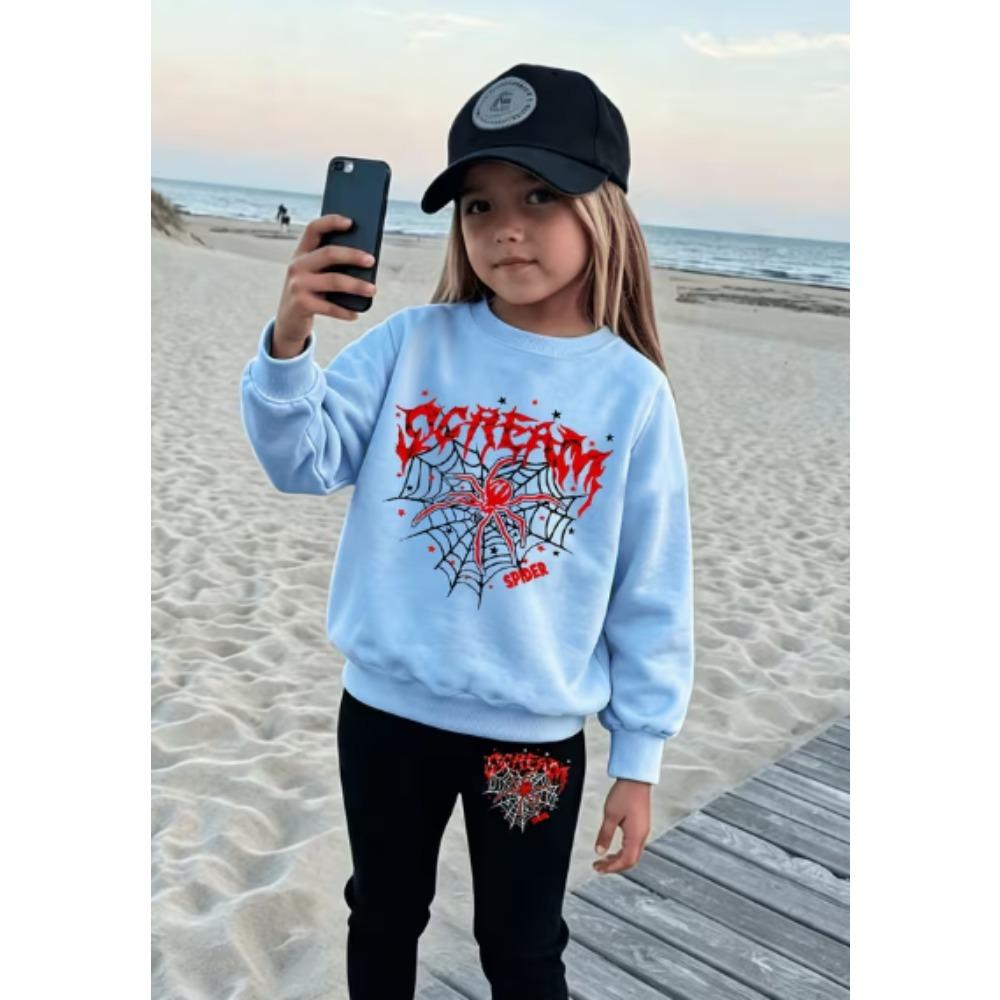 Girls' Letter Graphic Casual Comfortable Soft Loose Pullover Sweatshirt and Leggings 2-Piece Set, New Autumn/Winter, Playful, Sweet and Cool Style