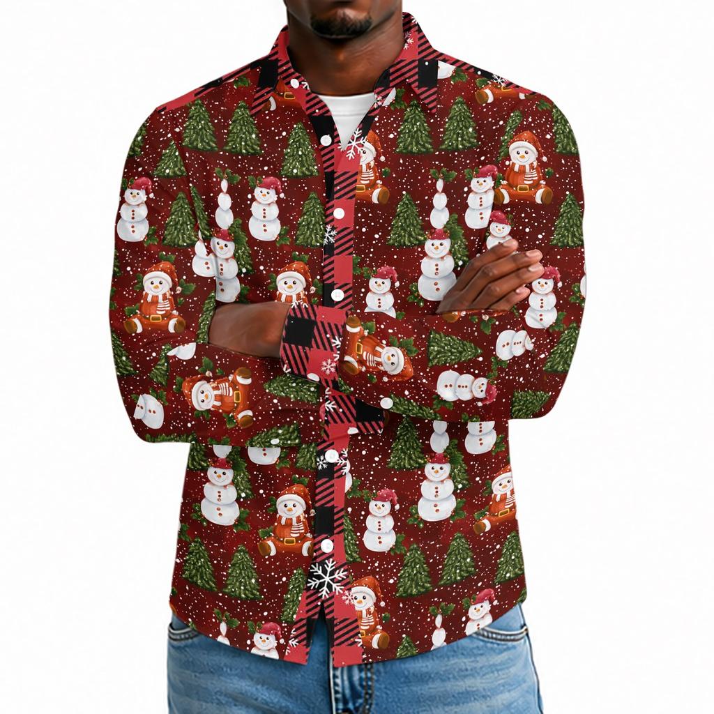 Men's Casual Long Sleeve Shirt with Christmas Print for Holiday Party and Fall
