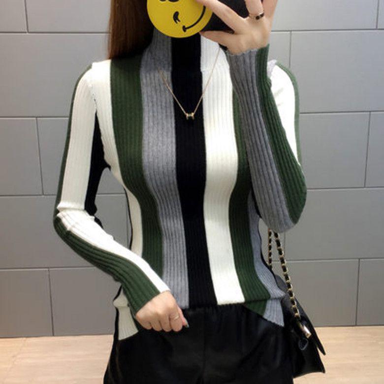 Women's Striped Color Block Slim Fit Knitted Sweater - Half High Neck, Short, New for 2025 Autumn/Winter
