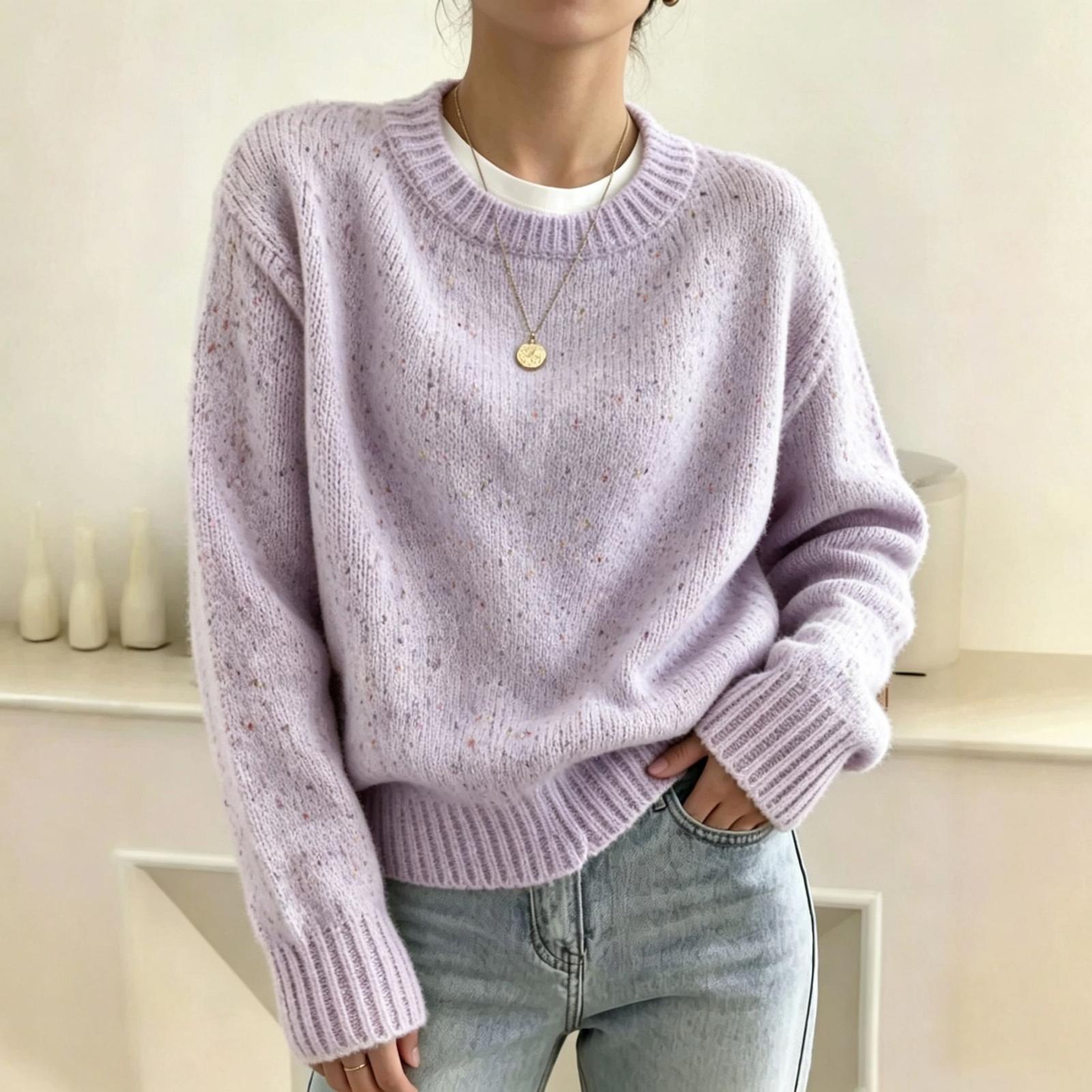 Women s Casual Round Neck Knitted Speckled Yarn Pullover Sweater XXL