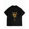 Women Casual T Shirt Black Sunflower Butterfly Faith Print Loose Fit Top For Everyday Wear Summer Outfit