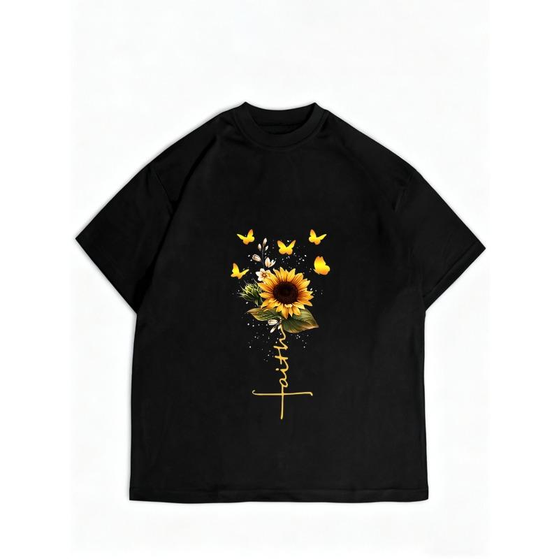 Women Casual T Shirt Black Sunflower Butterfly Faith Print Loose Fit Top For Everyday Wear Summer Outfit