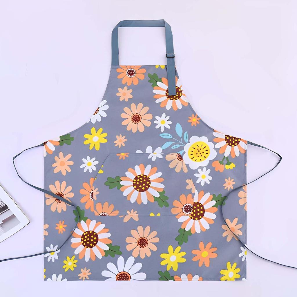 [CAIYUDPTTS] Förkläde med blommönster och nackband, Enkel nordisk stil, Fickor med stor kapacitet, Blommigt tryck, Vattentätt, Fläckbeständigt, Skrynkelfritt,