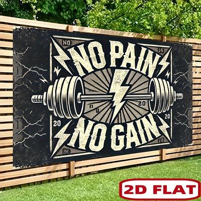 2D Vlak geen pijn geen winst sportschool motivatie wandkleed gewichtheffen halter bliksemflits fitness slogan