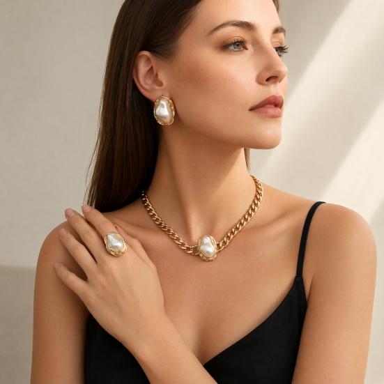 3Pcs/Set Faux Baroque Pearl Jewelry Set, Irregular Faux Pearl Necklace Stud Earrings Ring, Statement Wedding Jewelry for Women