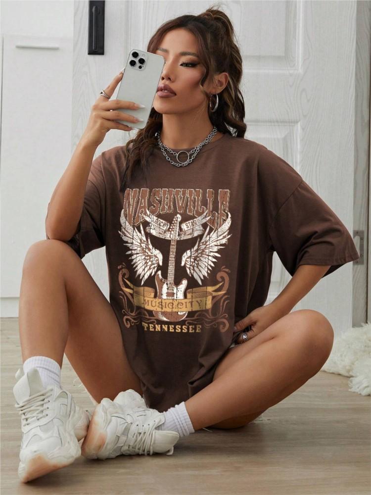 

Woman Cotton TShirts Nashville Music City Tennessee Prints Tees Fashion Female Short Sleeve Clothes Comfortable Street Tops S