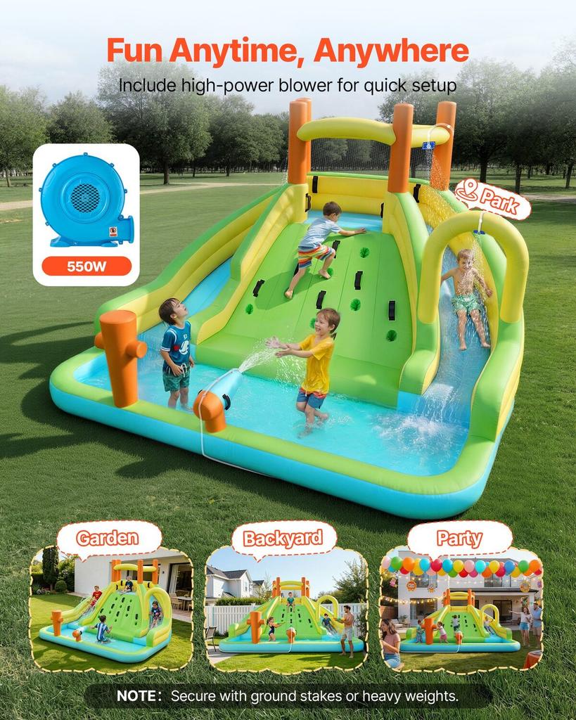 Inflatable Bounce House, 13.3 X 11.4 X 8.4 Ft Inflatable Bounce House Water Slide, Bouncer Castle with Climbing Wall, Double Tall Slides, Splash Pool