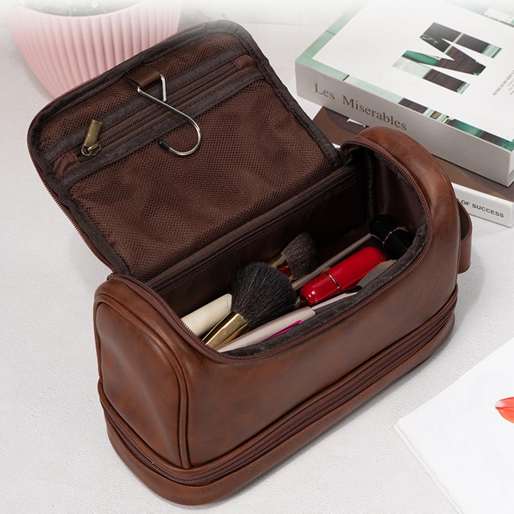 Ladies Handbag Leather Toiletry Bag Large Capacity Travel Organizer Bag with Hanging Hook Bathroom Shaving Bags