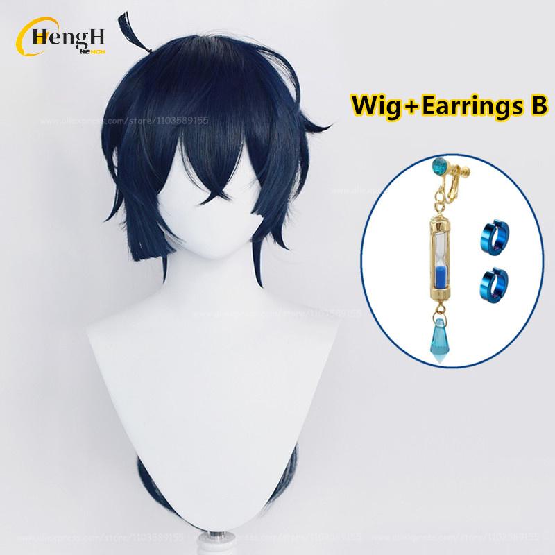 In Stock Anime Vanitas Synthetic Unisex 65cm Blue Black Cosplay Anime Wig And Earrings Heat Resistant Hair Halloween Party Wigs