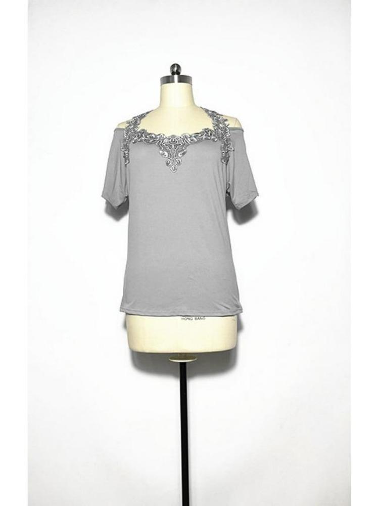 American Style European Women's Casual Loose V Neck Short Sleeve T Shirt with Lace Splice