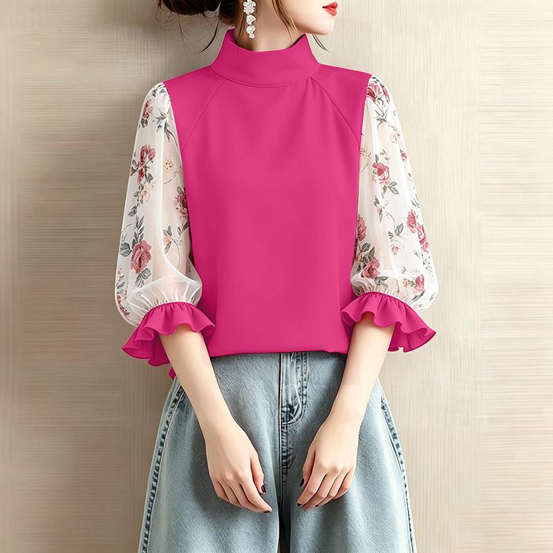 ZANZEA Women Stand Collar Floral Print Splice 3/4 Sleeve Blouse